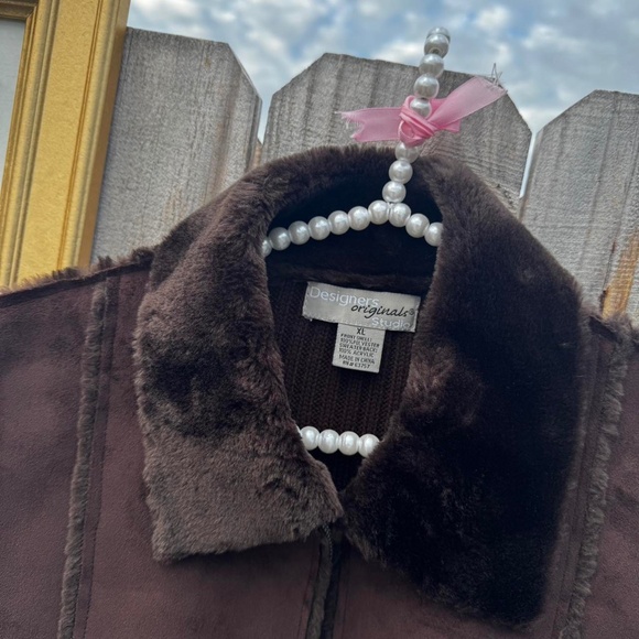 brown faux fur trim suede zip up vest ribbed knit collared - Picture 3 of 4